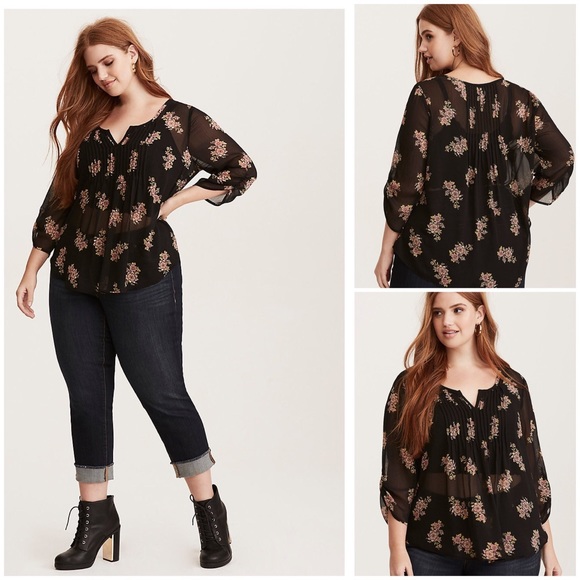 torrid Tops - TORRID | Black Floral Print Chiffon Pintuck Top